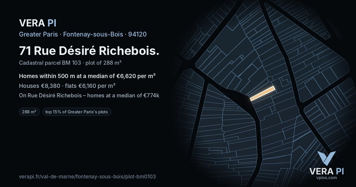 71 Rue Désiré Richebois, Fontenay-sous-Bois at night – the plot lit, the parcels around coloured by the prices near them