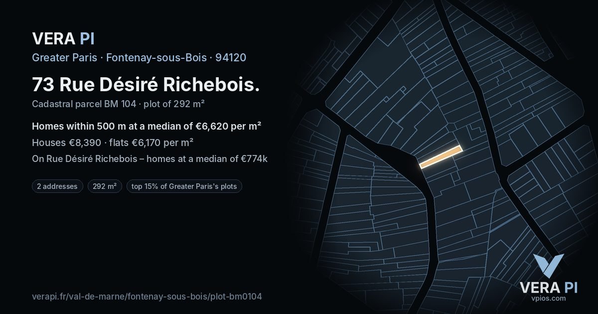 73 Rue Désiré Richebois, Fontenay-sous-Bois at night – the plot lit, the parcels around coloured by the prices near them