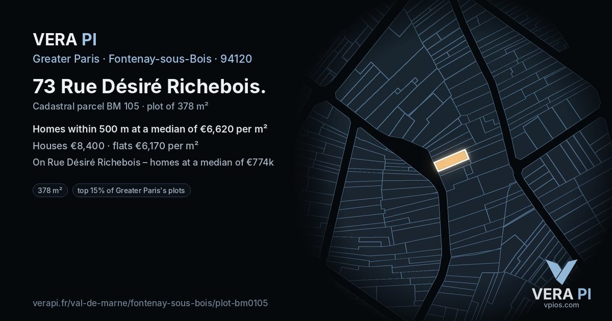 73 Rue Désiré Richebois, Fontenay-sous-Bois at night – the plot lit, the parcels around coloured by the prices near them