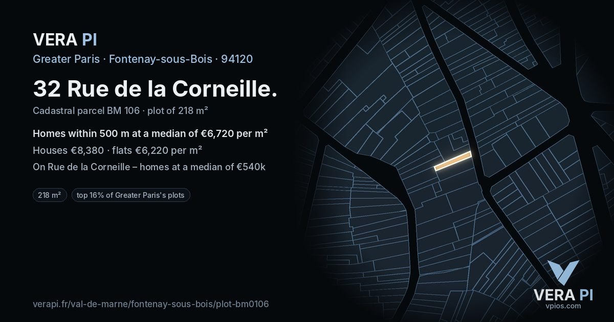 32 Rue de la Corneille, Fontenay-sous-Bois at night – the plot lit, the parcels around coloured by the prices near them