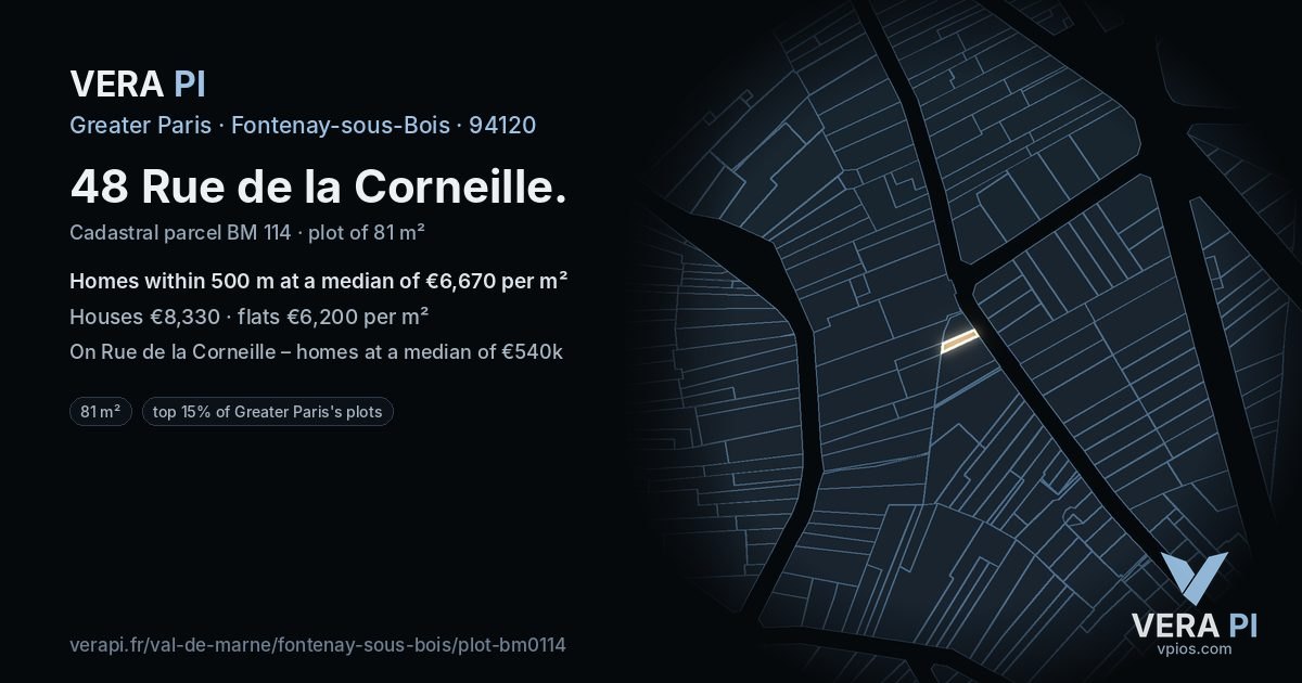 48 Rue de la Corneille, Fontenay-sous-Bois at night – the plot lit, the parcels around coloured by the prices near them