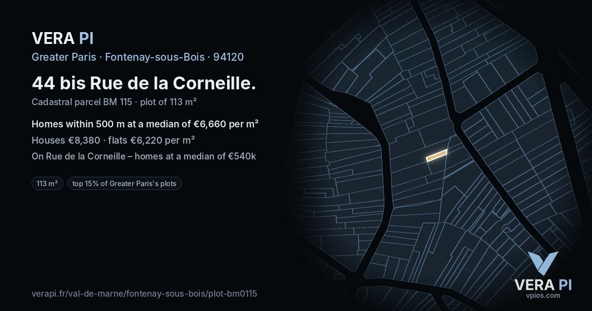 44 bis Rue de la Corneille, Fontenay-sous-Bois at night – the plot lit, the parcels around coloured by the prices near them