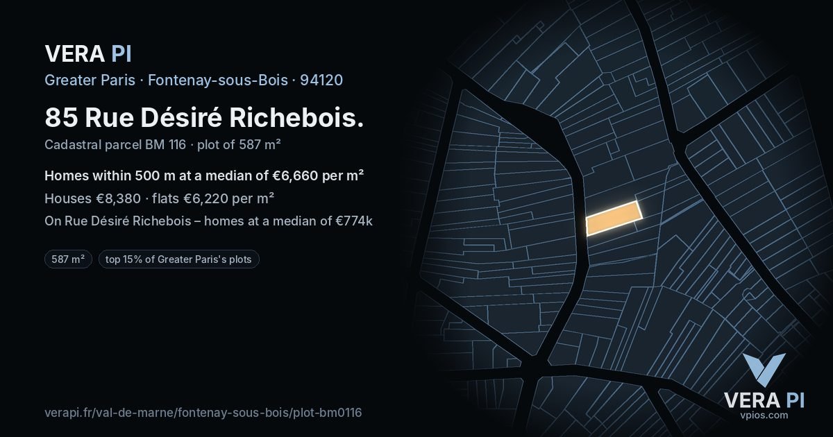 85 Rue Désiré Richebois, Fontenay-sous-Bois at night – the plot lit, the parcels around coloured by the prices near them