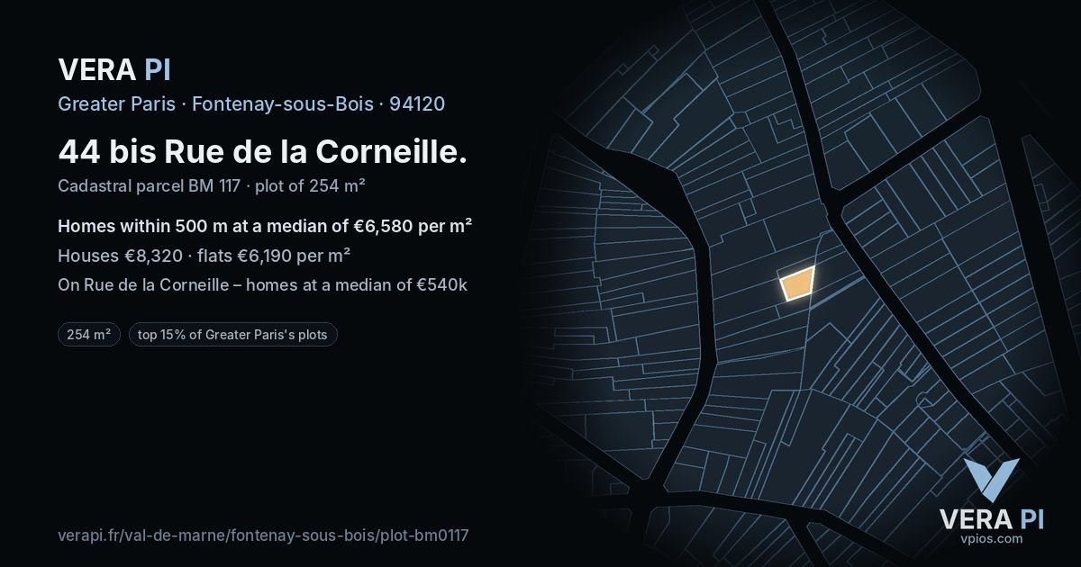 44 bis Rue de la Corneille, Fontenay-sous-Bois at night – the plot lit, the parcels around coloured by the prices near them