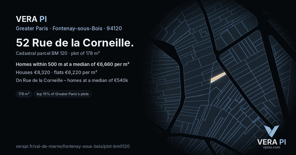 52 Rue de la Corneille, Fontenay-sous-Bois at night – the plot lit, the parcels around coloured by the prices near them