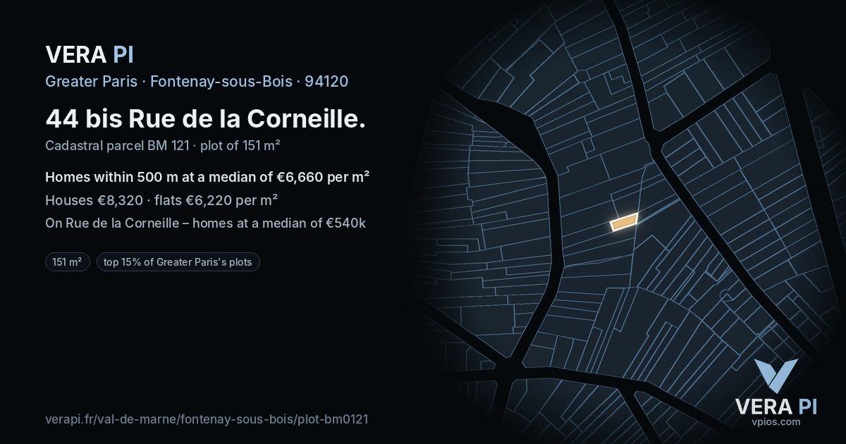 44 bis Rue de la Corneille, Fontenay-sous-Bois at night – the plot lit, the parcels around coloured by the prices near them