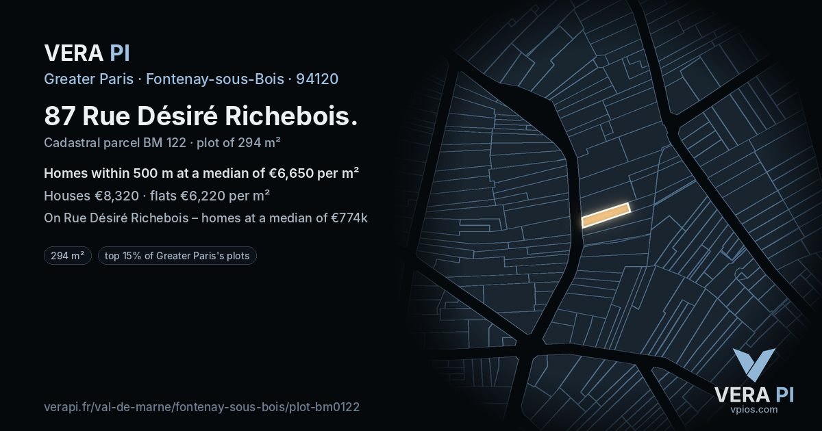 87 Rue Désiré Richebois, Fontenay-sous-Bois at night – the plot lit, the parcels around coloured by the prices near them
