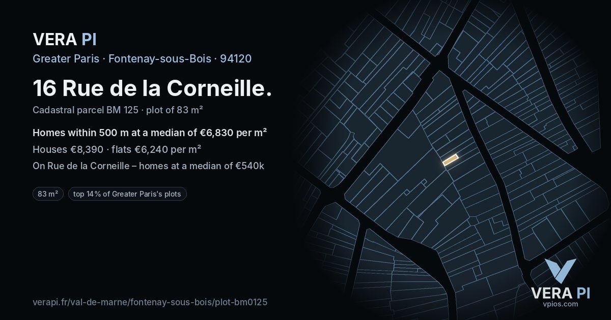 16 Rue de la Corneille, Fontenay-sous-Bois at night – the plot lit, the parcels around coloured by the prices near them