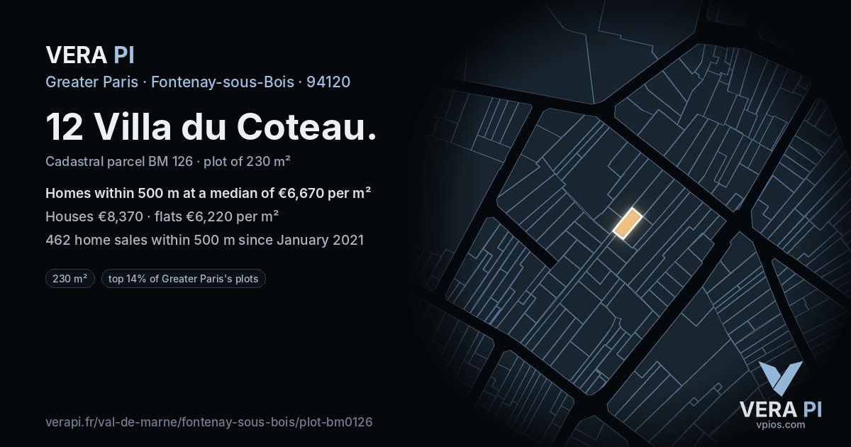 12 Villa du Coteau, Fontenay-sous-Bois at night – the plot lit, the parcels around coloured by the prices near them