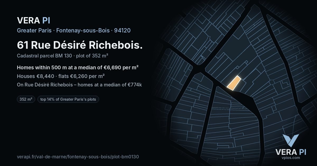 61 Rue Désiré Richebois, Fontenay-sous-Bois at night – the plot lit, the parcels around coloured by the prices near them
