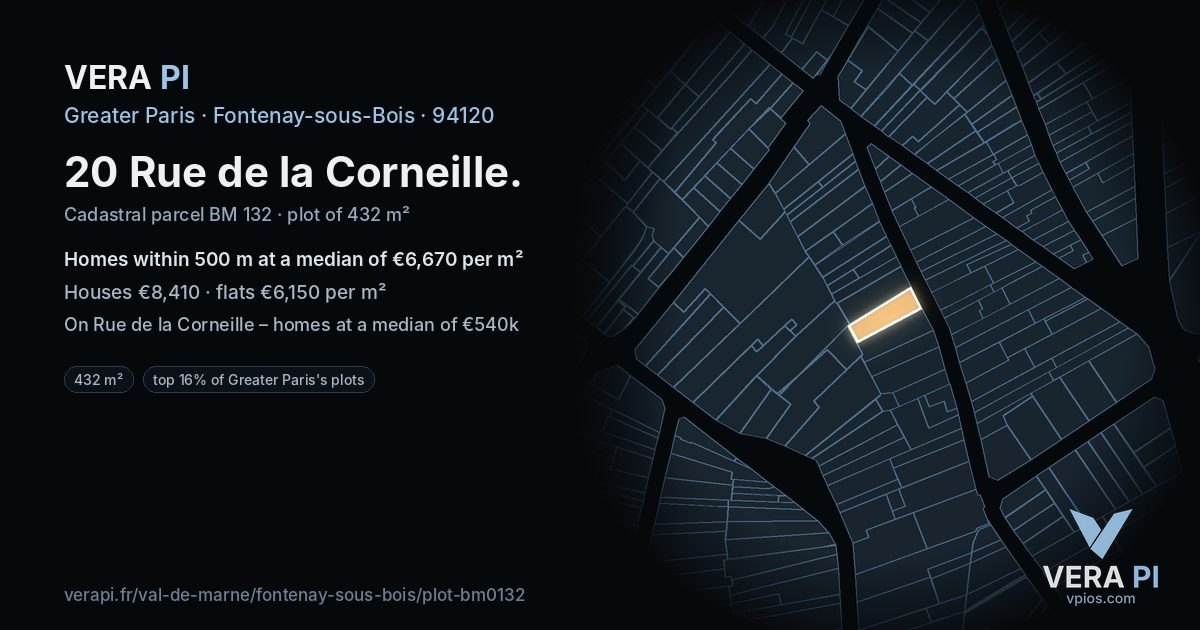 20 Rue de la Corneille, Fontenay-sous-Bois at night – the plot lit, the parcels around coloured by the prices near them