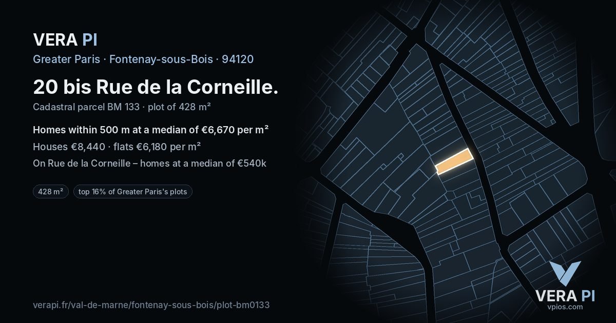 20 bis Rue de la Corneille, Fontenay-sous-Bois at night – the plot lit, the parcels around coloured by the prices near them