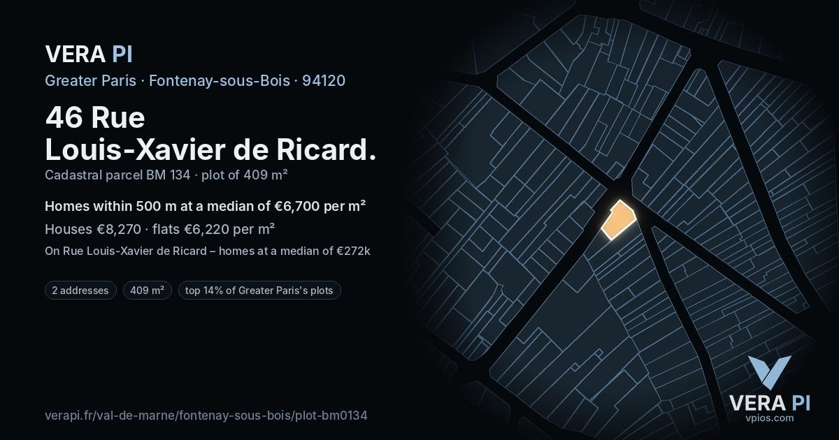 46 Rue Louis-Xavier de Ricard, Fontenay-sous-Bois at night – the plot lit, the parcels around coloured by the prices near them