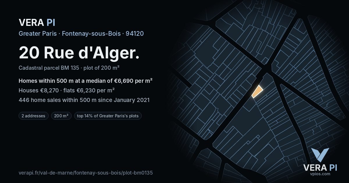 20 Rue d'Alger, Fontenay-sous-Bois at night – the plot lit, the parcels around coloured by the prices near them