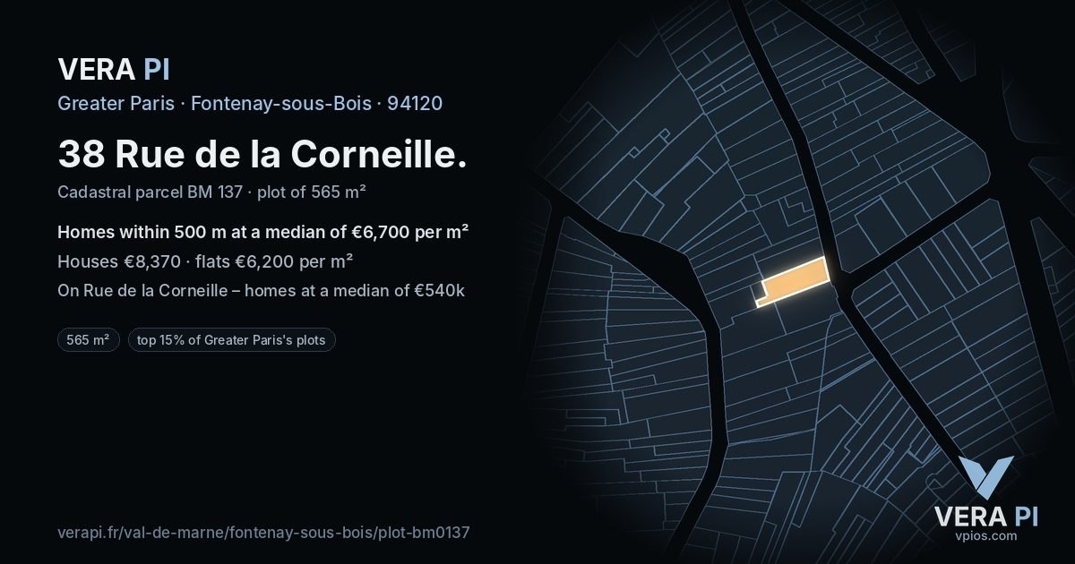 38 Rue de la Corneille, Fontenay-sous-Bois at night – the plot lit, the parcels around coloured by the prices near them