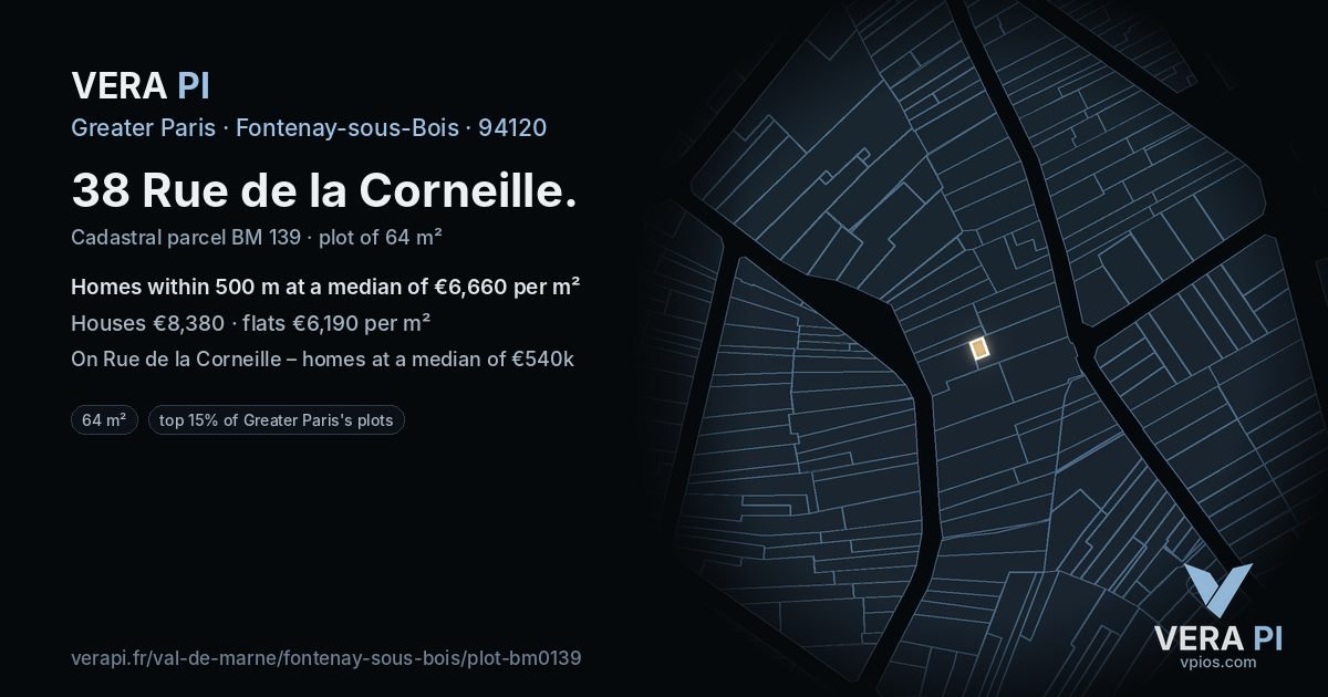 38 Rue de la Corneille, Fontenay-sous-Bois at night – the plot lit, the parcels around coloured by the prices near them