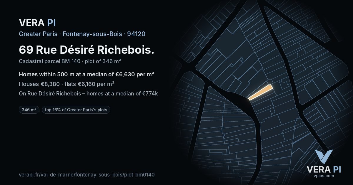 69 Rue Désiré Richebois, Fontenay-sous-Bois at night – the plot lit, the parcels around coloured by the prices near them