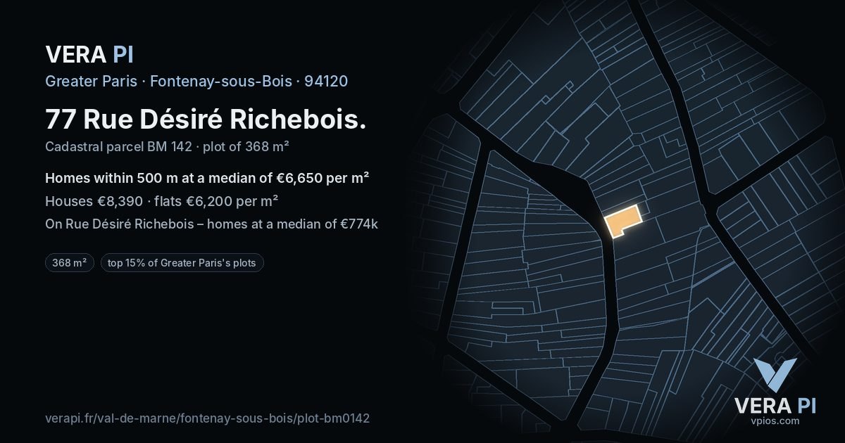77 Rue Désiré Richebois, Fontenay-sous-Bois at night – the plot lit, the parcels around coloured by the prices near them