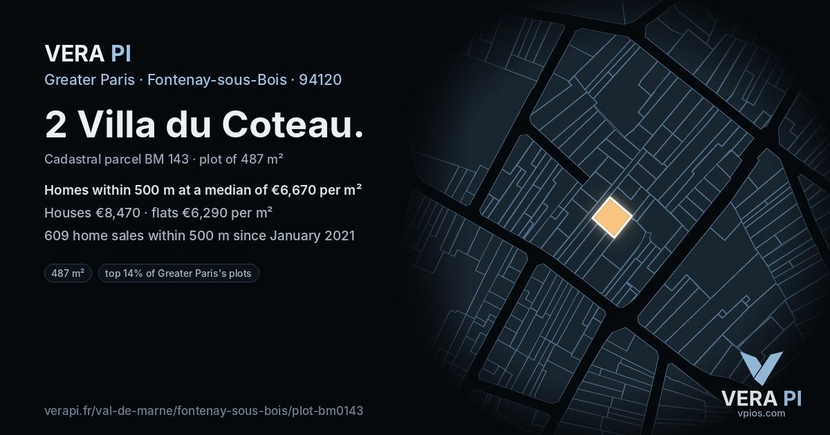 2 Villa du Coteau, Fontenay-sous-Bois at night – the plot lit, the parcels around coloured by the prices near them