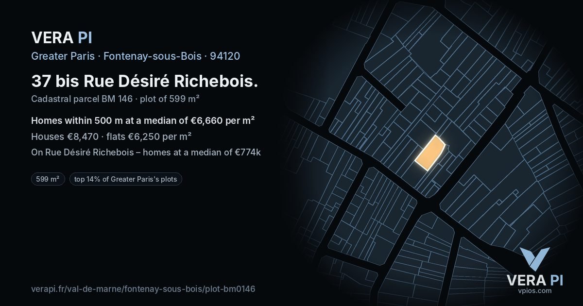 37 bis Rue Désiré Richebois, Fontenay-sous-Bois at night – the plot lit, the parcels around coloured by the prices near them