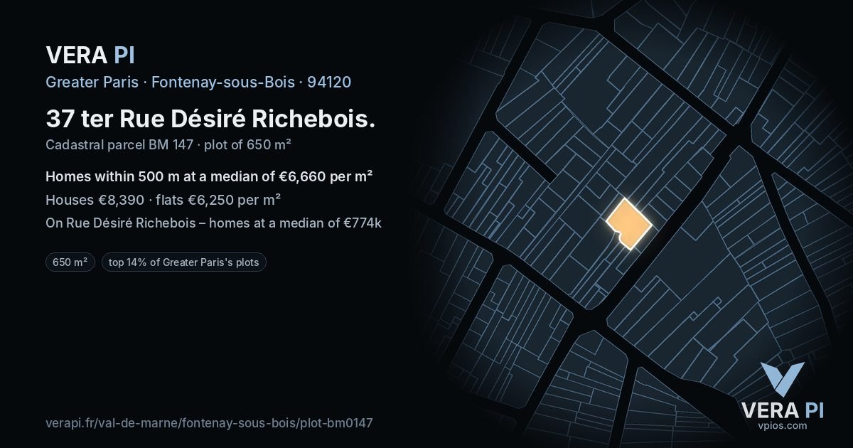 37 ter Rue Désiré Richebois, Fontenay-sous-Bois at night – the plot lit, the parcels around coloured by the prices near them