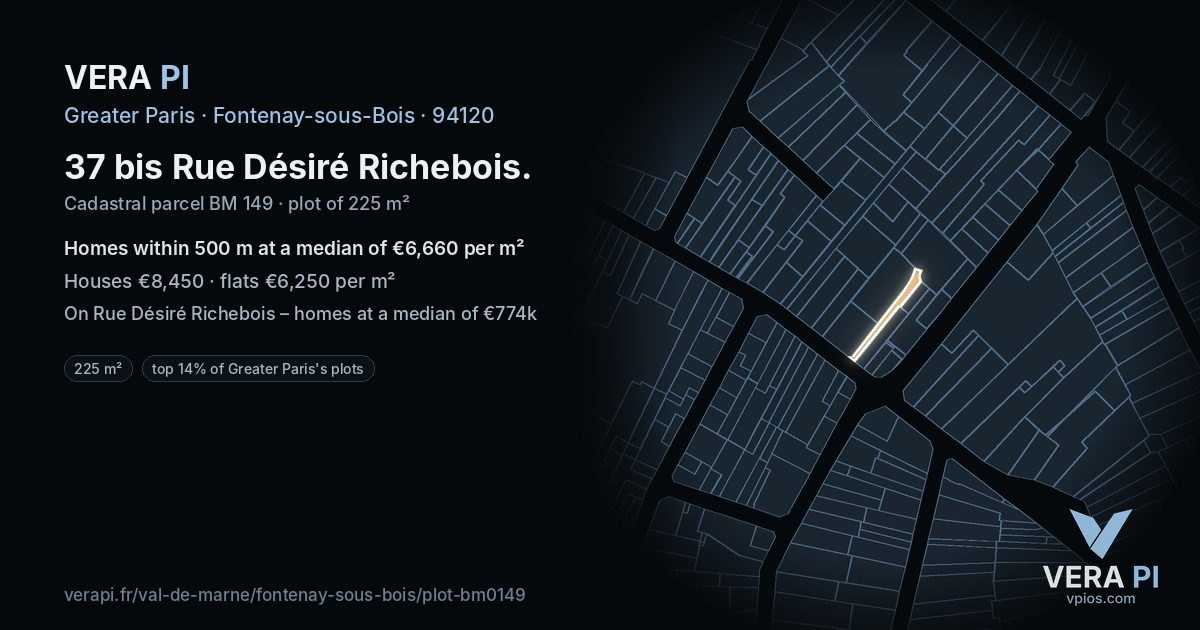 37 bis Rue Désiré Richebois, Fontenay-sous-Bois at night – the plot lit, the parcels around coloured by the prices near them