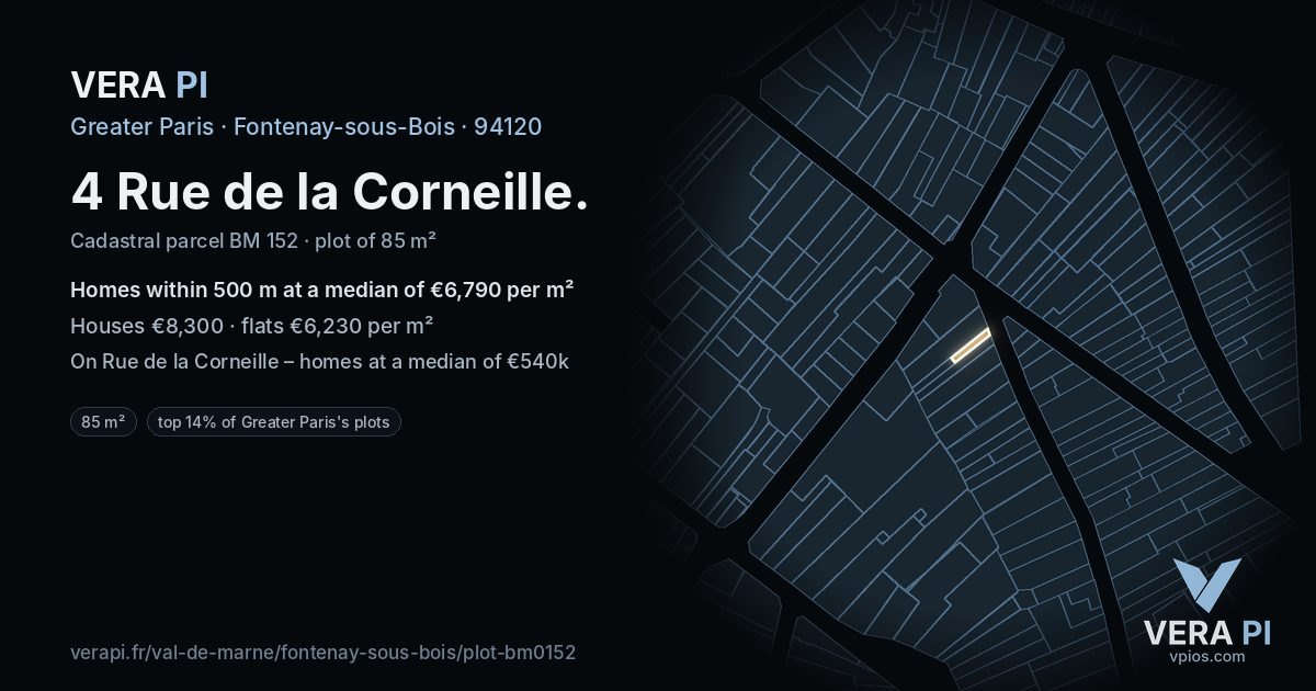 4 Rue de la Corneille, Fontenay-sous-Bois at night – the plot lit, the parcels around coloured by the prices near them