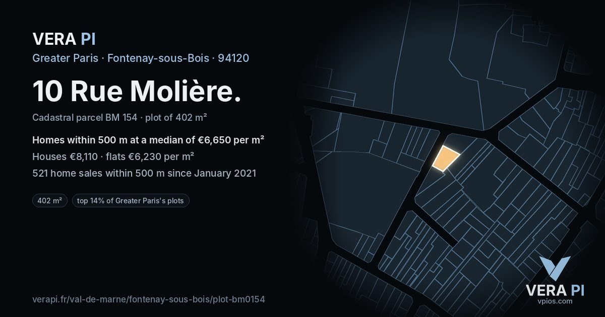 10 Rue Molière, Fontenay-sous-Bois at night – the plot lit, the parcels around coloured by the prices near them