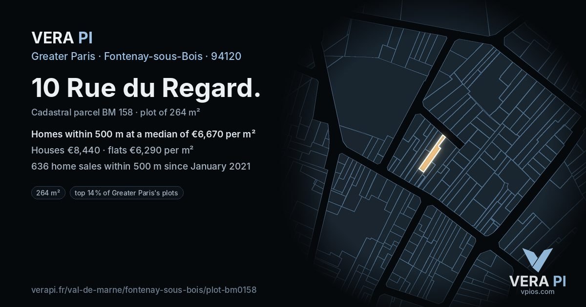 10 Rue du Regard, Fontenay-sous-Bois at night – the plot lit, the parcels around coloured by the prices near them