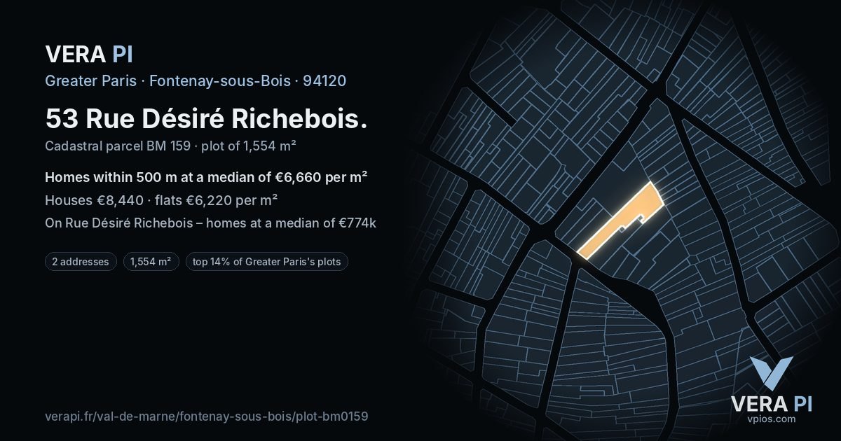 53 Rue Désiré Richebois, Fontenay-sous-Bois at night – the plot lit, the parcels around coloured by the prices near them