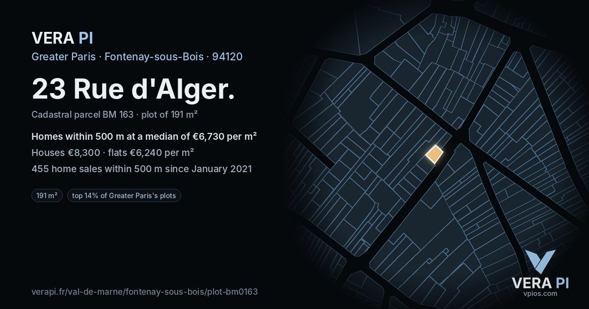 23 Rue d'Alger, Fontenay-sous-Bois at night – the plot lit, the parcels around coloured by the prices near them