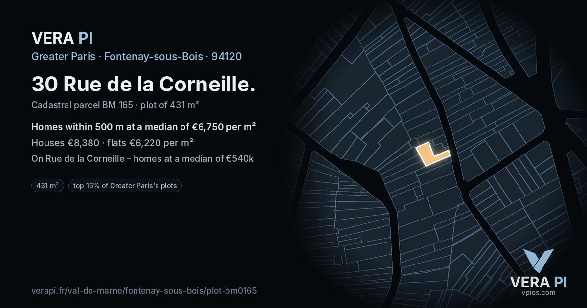 30 Rue de la Corneille, Fontenay-sous-Bois at night – the plot lit, the parcels around coloured by the prices near them