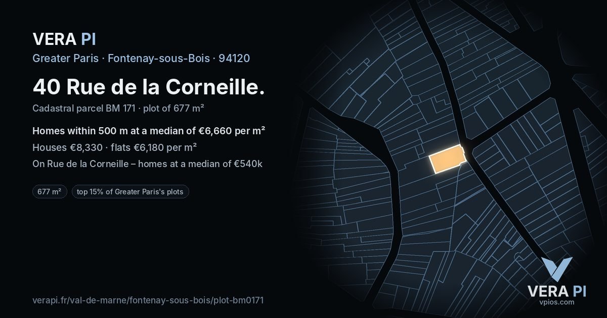 40 Rue de la Corneille, Fontenay-sous-Bois at night – the plot lit, the parcels around coloured by the prices near them