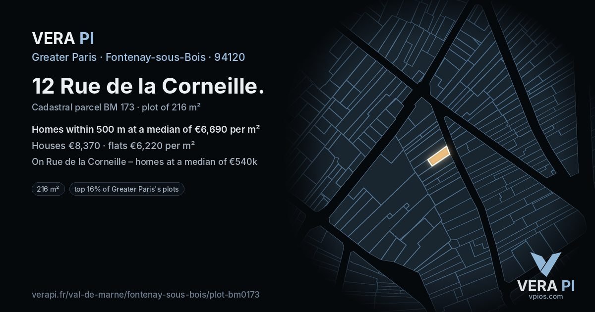 12 Rue de la Corneille, Fontenay-sous-Bois at night – the plot lit, the parcels around coloured by the prices near them