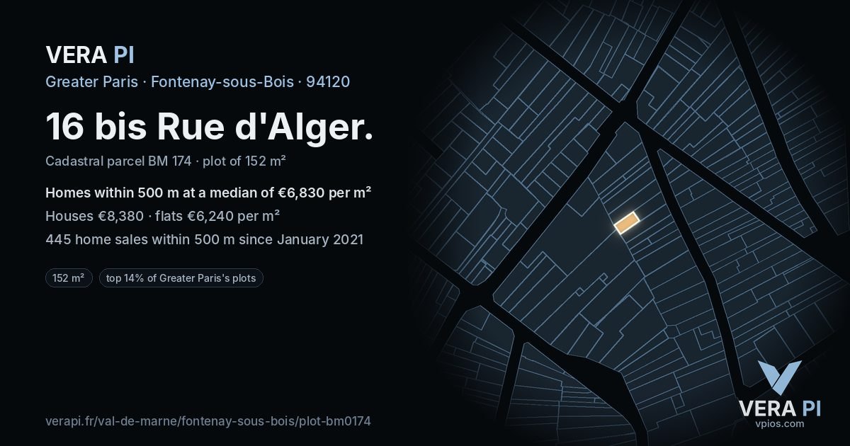 16 bis Rue d'Alger, Fontenay-sous-Bois at night – the plot lit, the parcels around coloured by the prices near them