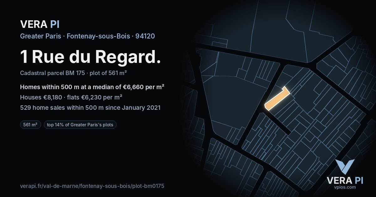 1 Rue du Regard, Fontenay-sous-Bois at night – the plot lit, the parcels around coloured by the prices near them