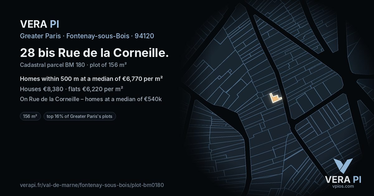 28 bis Rue de la Corneille, Fontenay-sous-Bois at night – the plot lit, the parcels around coloured by the prices near them