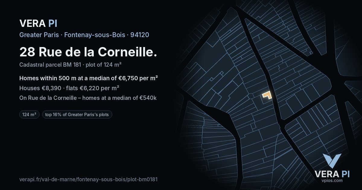 28 Rue de la Corneille, Fontenay-sous-Bois at night – the plot lit, the parcels around coloured by the prices near them