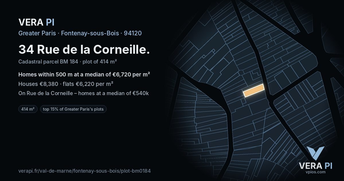 34 Rue de la Corneille, Fontenay-sous-Bois at night – the plot lit, the parcels around coloured by the prices near them