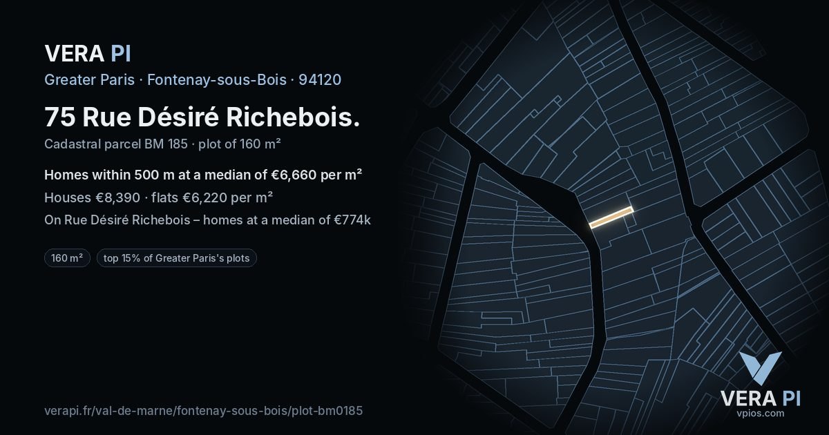 75 Rue Désiré Richebois, Fontenay-sous-Bois at night – the plot lit, the parcels around coloured by the prices near them