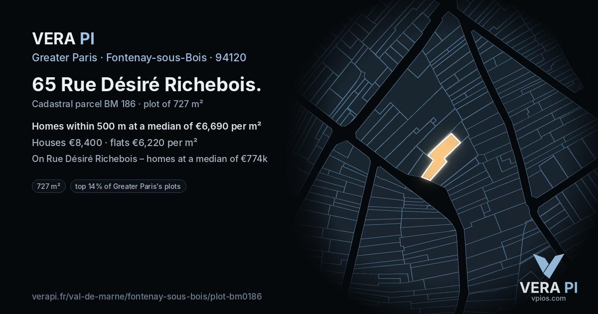 65 Rue Désiré Richebois, Fontenay-sous-Bois at night – the plot lit, the parcels around coloured by the prices near them