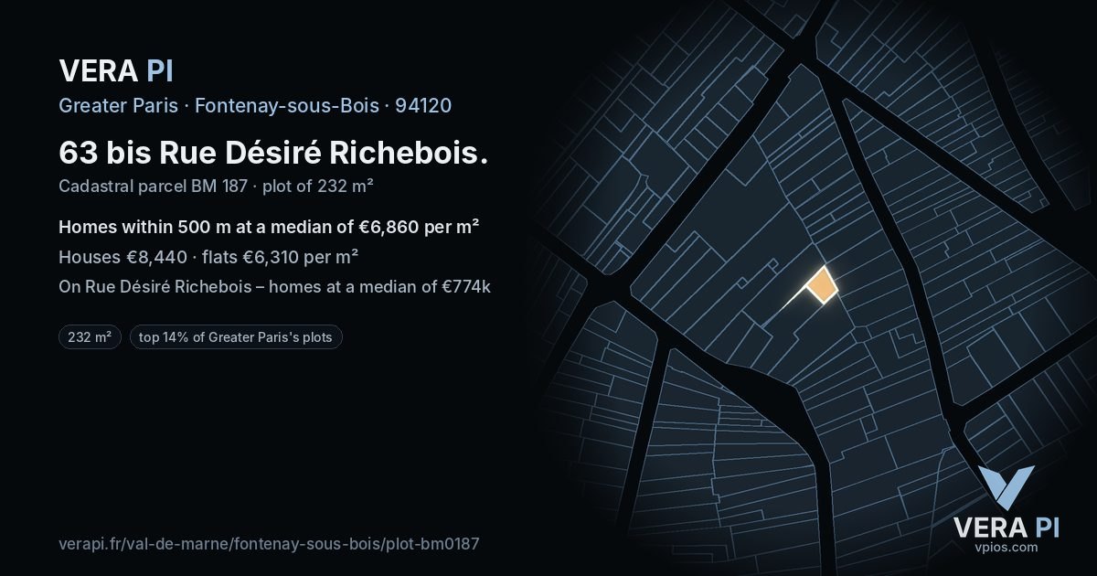 63 bis Rue Désiré Richebois, Fontenay-sous-Bois at night – the plot lit, the parcels around coloured by the prices near them