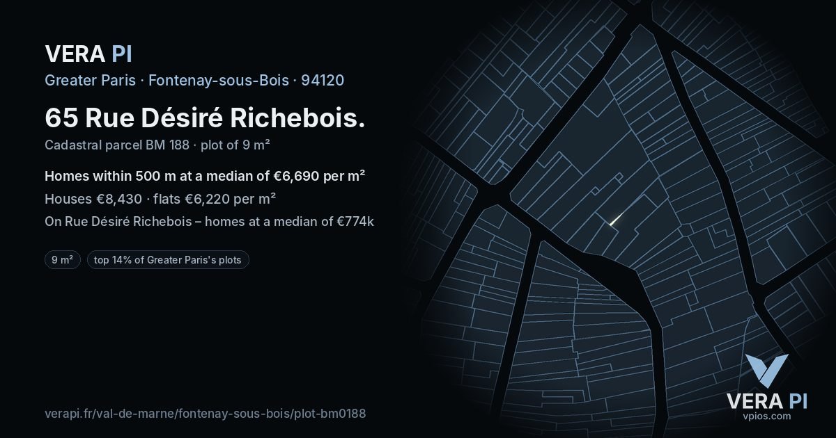 65 Rue Désiré Richebois, Fontenay-sous-Bois at night – the plot lit, the parcels around coloured by the prices near them