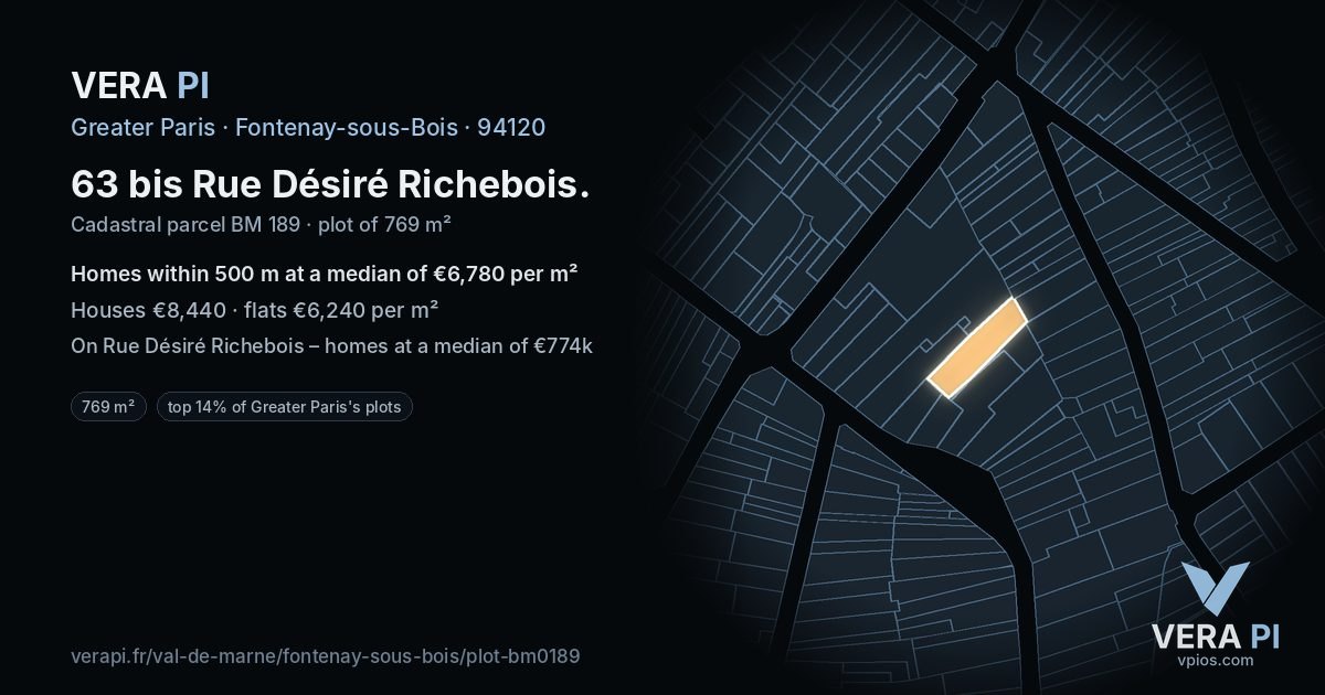 63 bis Rue Désiré Richebois, Fontenay-sous-Bois at night – the plot lit, the parcels around coloured by the prices near them