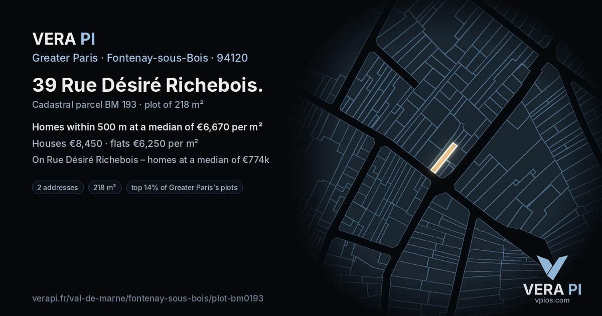 39 Rue Désiré Richebois, Fontenay-sous-Bois at night – the plot lit, the parcels around coloured by the prices near them
