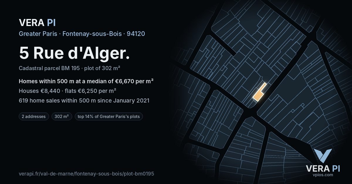 5 Rue d'Alger, Fontenay-sous-Bois at night – the plot lit, the parcels around coloured by the prices near them