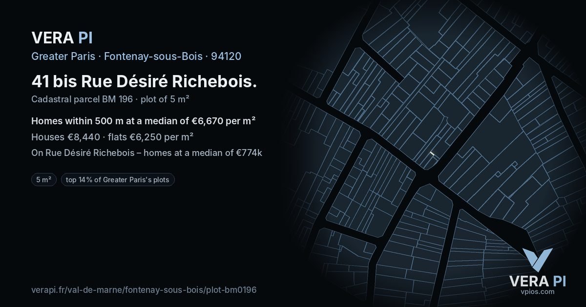 41 bis Rue Désiré Richebois, Fontenay-sous-Bois at night – the plot lit, the parcels around coloured by the prices near them