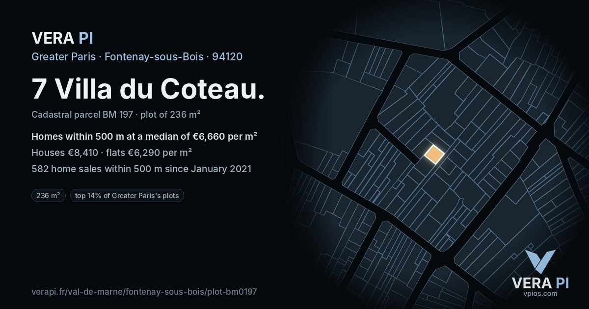 7 Villa du Coteau, Fontenay-sous-Bois at night – the plot lit, the parcels around coloured by the prices near them