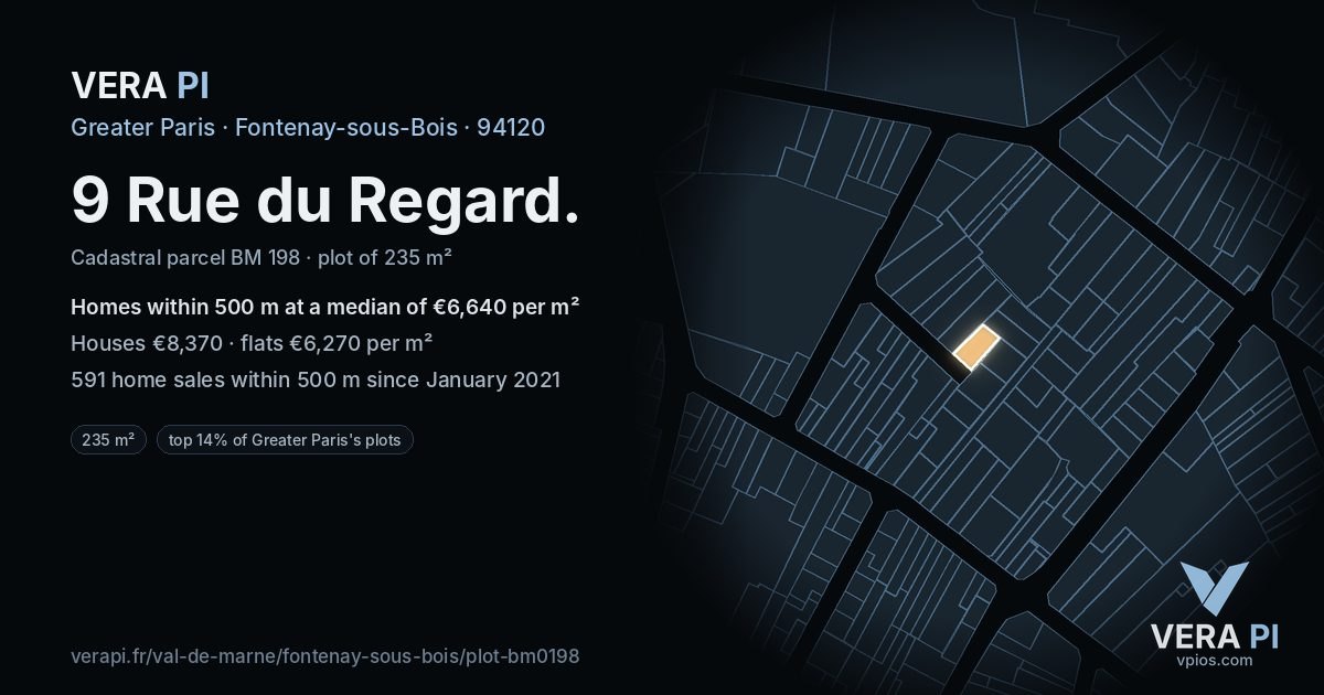 9 Rue du Regard, Fontenay-sous-Bois at night – the plot lit, the parcels around coloured by the prices near them