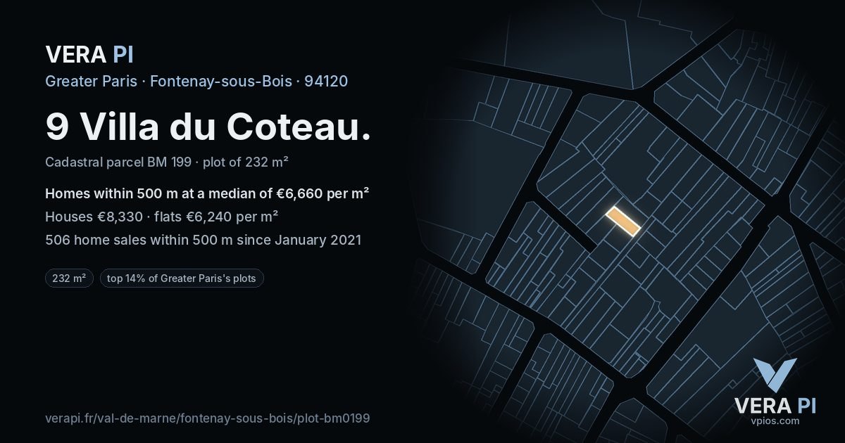9 Villa du Coteau, Fontenay-sous-Bois at night – the plot lit, the parcels around coloured by the prices near them